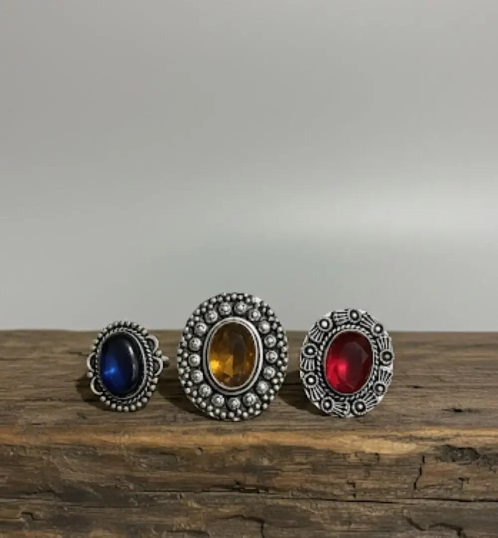 Rings Sz 8 9, Blue Red Amber Lot of 3 Bohemian German Silver Statement Vintage